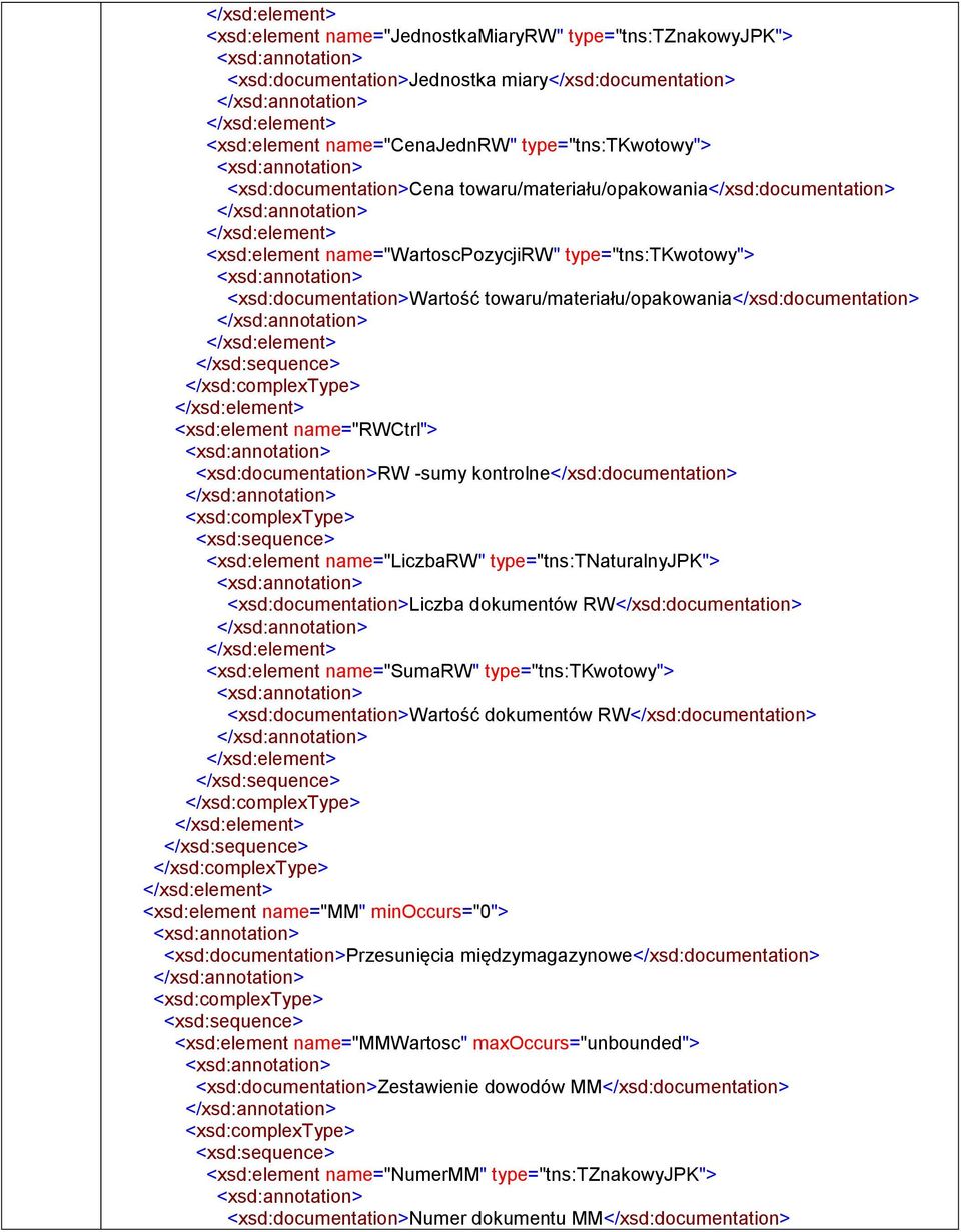 name="liczbarw" type="tns:tnaturalnyjpk"> <xsd:>liczba dokumentów RW</xsd:> <xsd:element name="sumarw" type="tns:tkwotowy"> <xsd:>wartość dokumentów RW</xsd:> <xsd:element name="mm"
