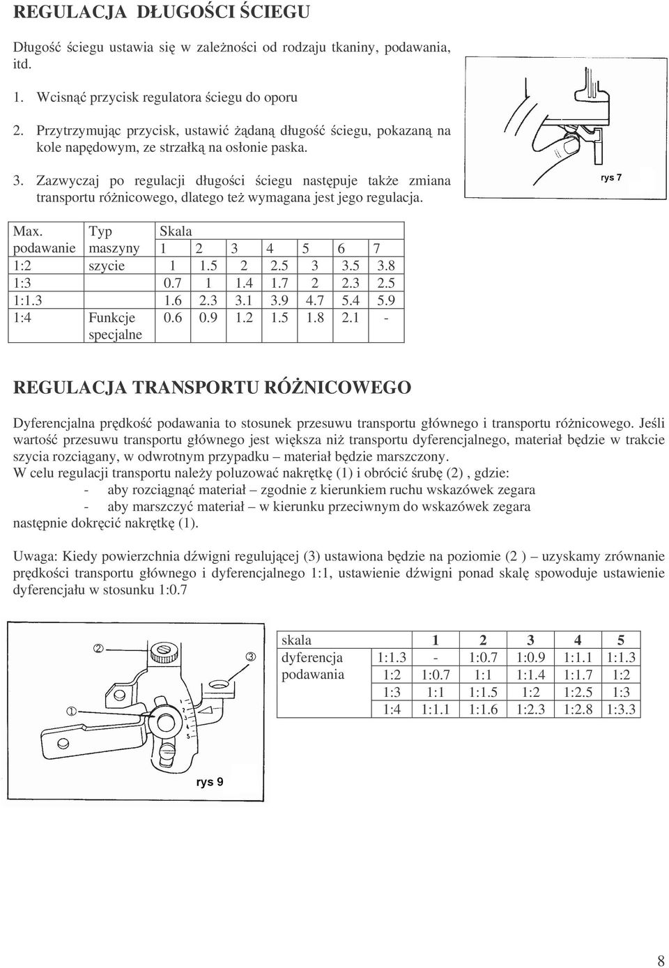 Zazwyczaj po regulacji długo ci ciegu nast puje tak e zmiana transportu ró nicowego, dlatego te wymagana jest jego regulacja. Max. Typ Skala podawanie maszyny 1 2 3 4 5 6 7 1:2 szycie 1 1.5 2 2.5 3 3.