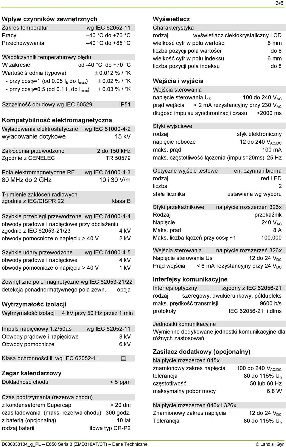 03 % / K Szczelność obudowy wg IEC 60529 Kompatybilność elektromagnetyczna IP51 Wyładowania elektrostatyczne wg IEC 61000-4-2 wyładowanie dotykowe 15 kv Zakłócenia przewodzone 2 do 150 khz Zgodnie z
