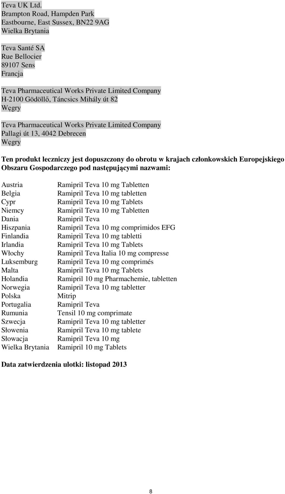 Mihály út 82 Węgry Teva Pharmaceutical Works Private Limited Company Pallagi út 13, 4042 Debrecen Węgry Ten produkt leczniczy jest dopuszczony do obrotu w krajach członkowskich Europejskiego Obszaru