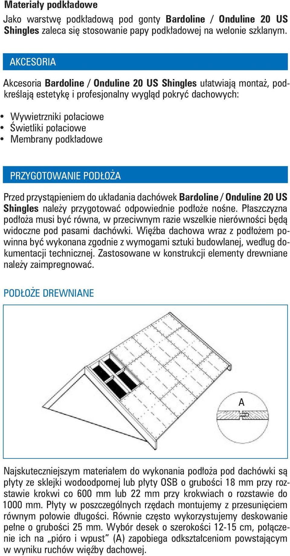 PRZYGOTOWANIE PODŁOŻA Przed przystąpieniem do układania dachówek Bardoline / Onduline 20 US Shingles należy przygotować odpowiednie podłoże nośne.