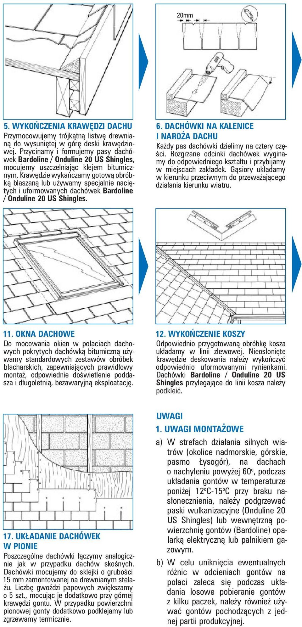 Krawędzie wykańczamy gotową obróbką blaszaną lub używamy specjalnie naciętych i uformowanych dachówek Bardoline / Onduline 20 US Shingles. 6.