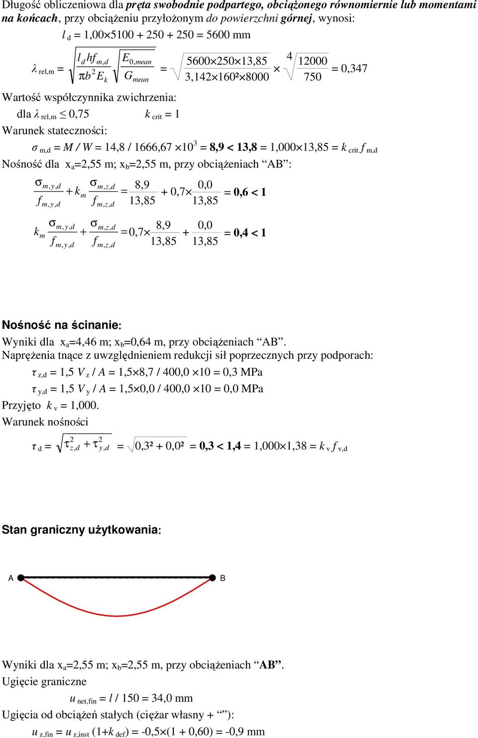 1,000 13,85 k crit f Nośność la x a 2,55 m; x b 2,55 przy obciążeniach AB : σ σ 8,9 + km f 13,85 f k m σ f σ + f + 0,7 0,0 13,85 0,6 < 1 0,7 8,9 13,85 + 0,0 13,85 0,4 < 1 Nośność na ścinanie: Wyniki