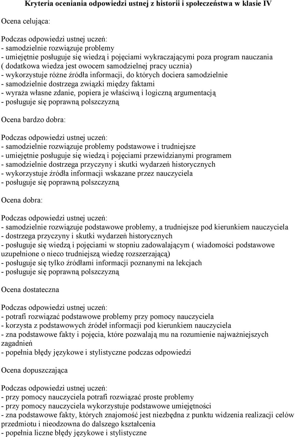 wyraża własne zdanie, popiera je właściwą i logiczną argumentacją - posługuje się poprawną polszczyzną Ocena bardzo dobra: - samodzielnie rozwiązuje problemy podstawowe i trudniejsze - umiejętnie