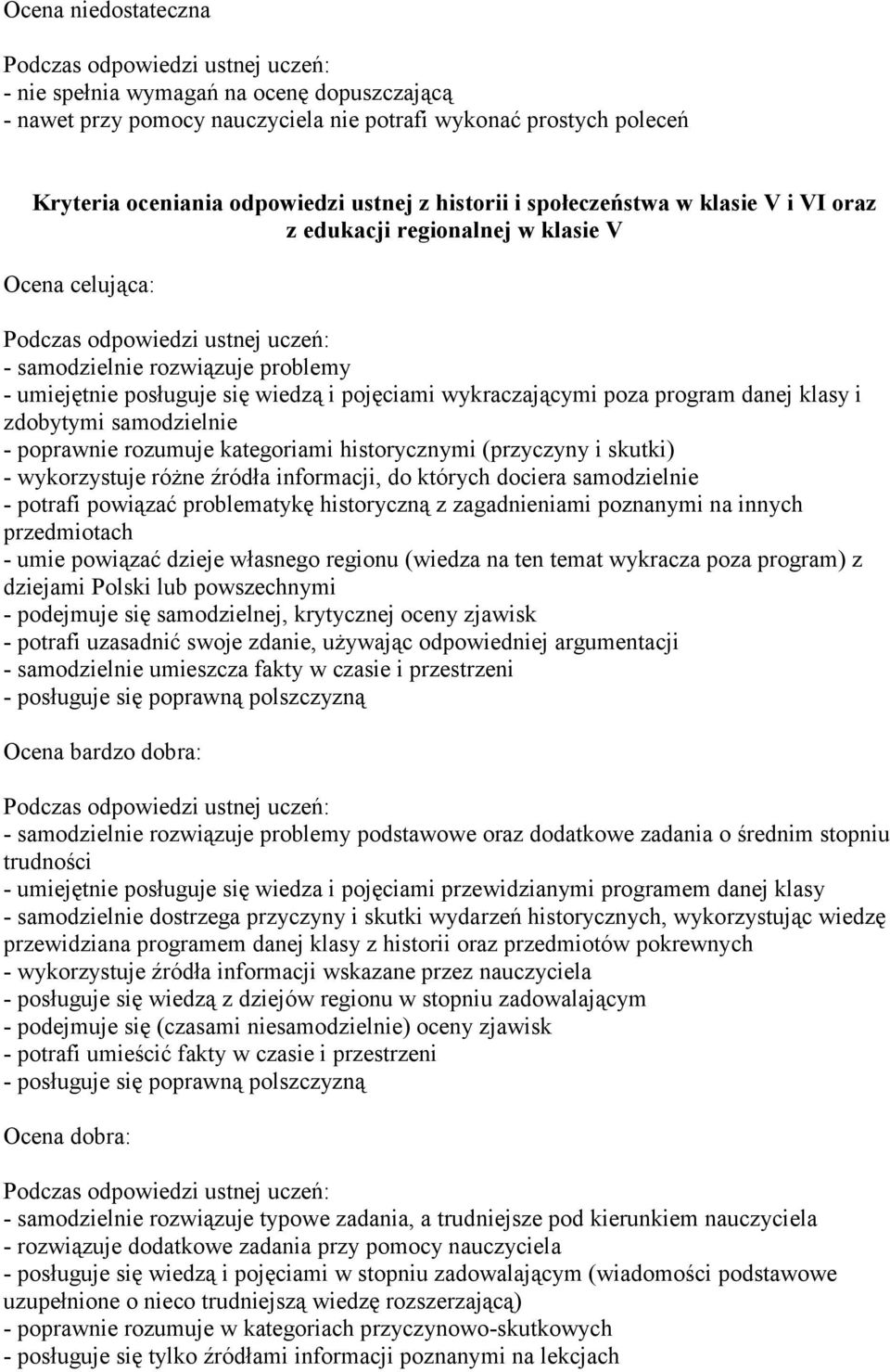 zdobytymi samodzielnie - poprawnie rozumuje kategoriami historycznymi (przyczyny i skutki) - wykorzystuje różne źródła informacji, do których dociera samodzielnie - potrafi powiązać problematykę