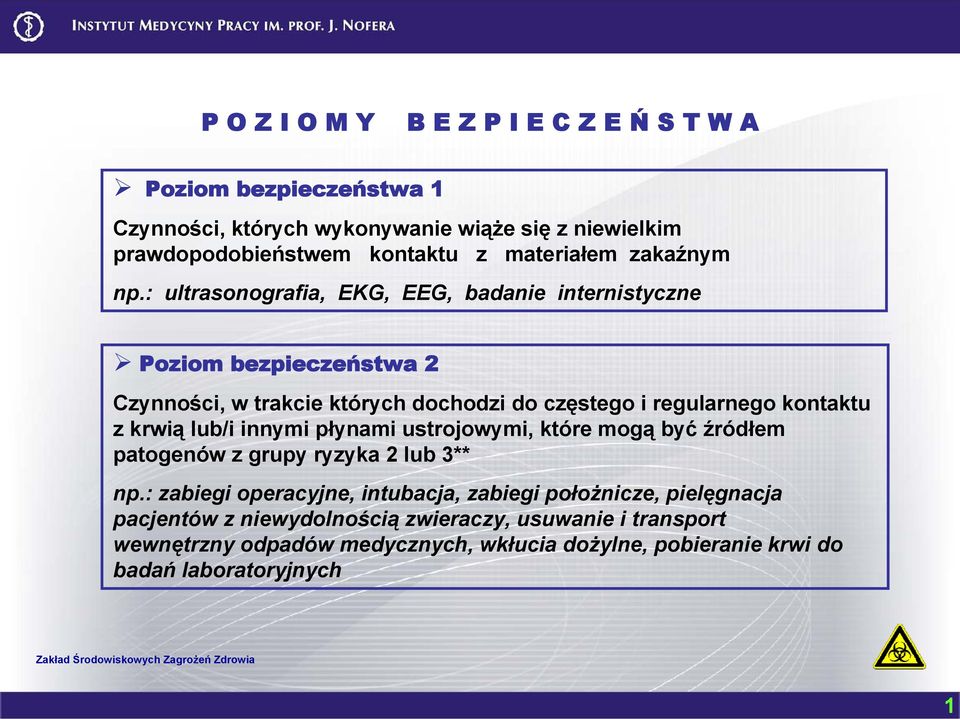 : ultrasonografia, EKG, EEG, badanie internistyczne Poziom bezpieczeństwa 2 Czynności, w trakcie których dochodzi do częstego i regularnego kontaktu z krwią