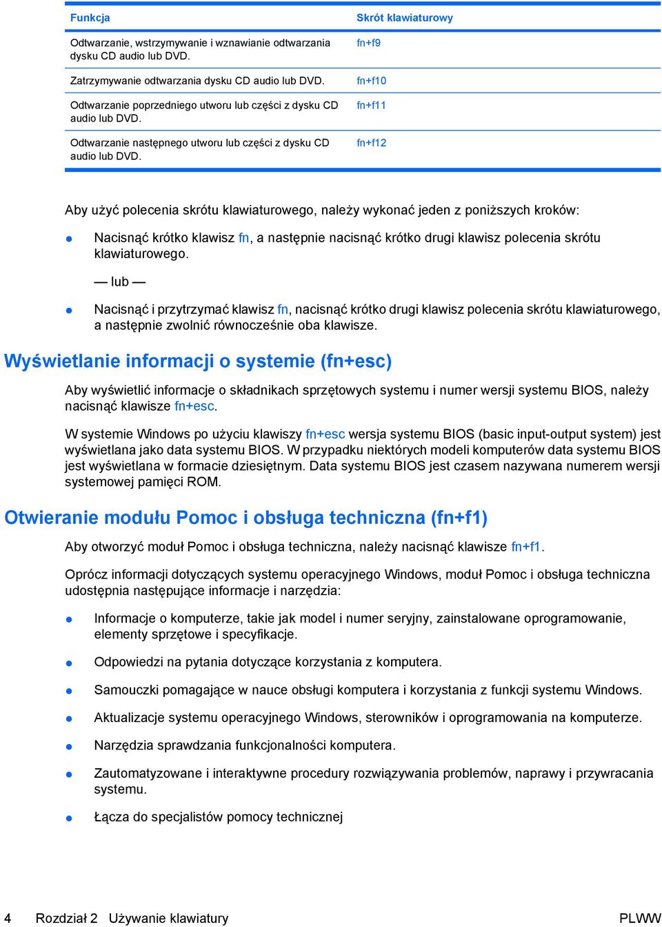 Skrót klawiaturowy fn+f9 fn+f10 fn+f11 fn+f12 Aby użyć polecenia skrótu klawiaturowego, należy wykonać jeden z poniższych kroków: Nacisnąć krótko klawisz fn, a następnie nacisnąć krótko drugi klawisz