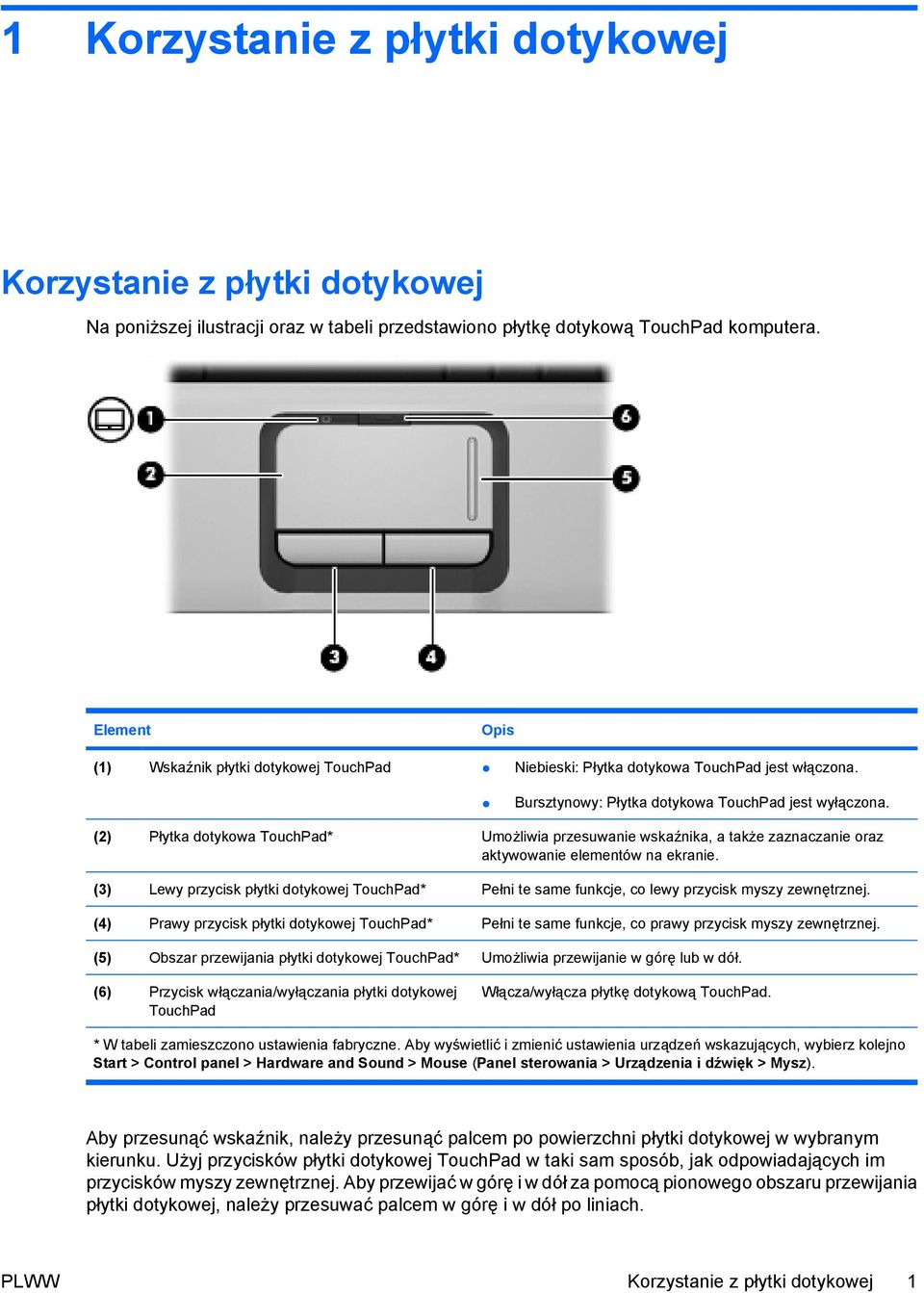 (2) Płytka dotykowa TouchPad* Umożliwia przesuwanie wskaźnika, a także zaznaczanie oraz aktywowanie elementów na ekranie.