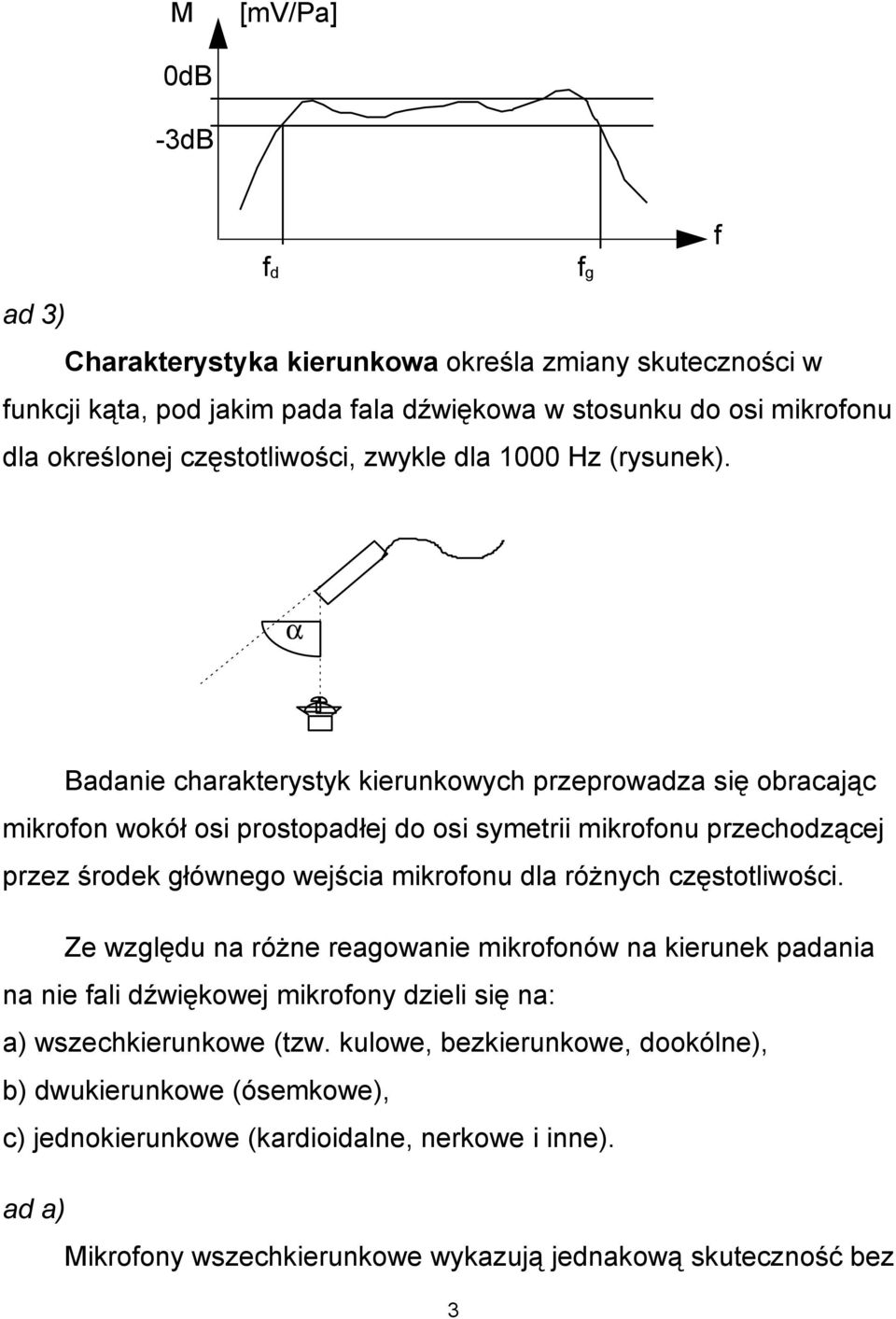 f α Badanie charakterystyk kierunkowych przeprowadza się obracając mikrofon wokół osi prostopadłej do osi symetrii mikrofonu przechodzącej przez środek głównego wejścia mikrofonu dla