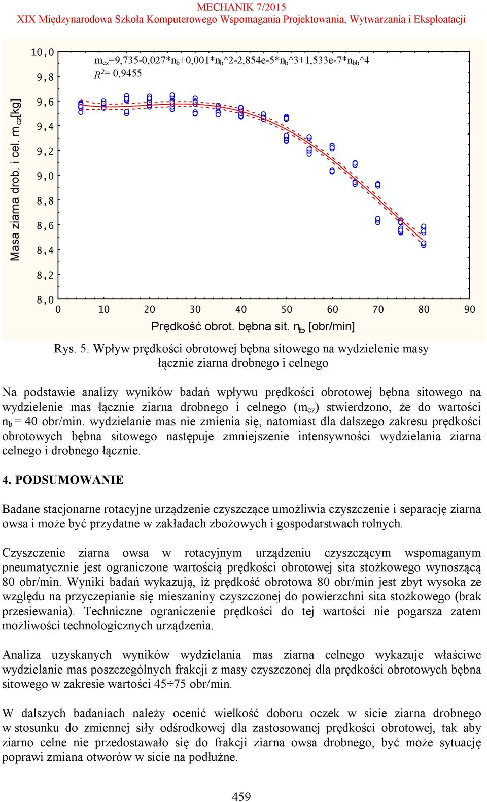 Wpływ prędkości obrotowej bębna sitowego na wydzielenie masy łącznie ziarna drobnego i celnego Na podstawie analizy wyników badań wpływu prędkości obrotowej bębna sitowego na wydzielenie mas łącznie
