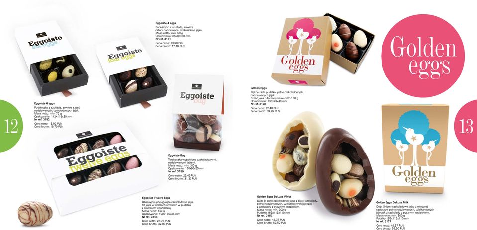 75 g Opakowanie: 142x116x30 mm Nr ref. 3152 Cena netto: 16,02 PLN Cena brutto: 19,70 PLN Golden Eggs Piękne złote pudełko, pełne czekoladowych, nadziewanych jajek.