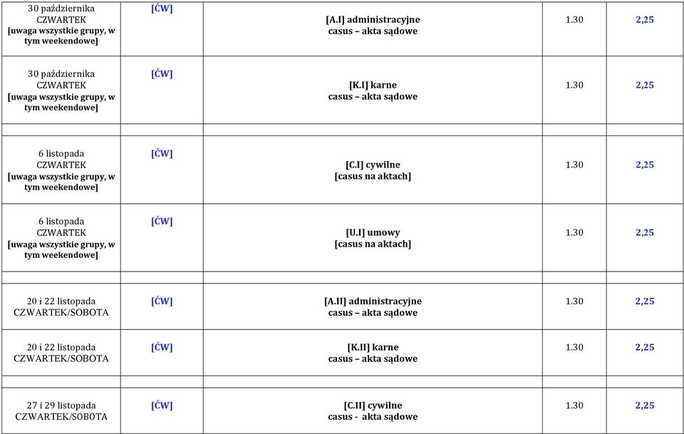 I] karne casus akta sądowe 6 listopada CZWARTEK [uwaga wszystkie grupy, w tym weekendowe] [C.