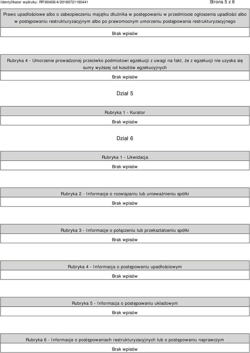 egzekucyjnych Dział 5 Rubryka 1 - Kurator Dział 6 Rubryka 1 - Likwidacja Rubryka 2 - Informacje o rozwiązaniu lub unieważnieniu spółki Rubryka 3 - Informacje o połączeniu lub