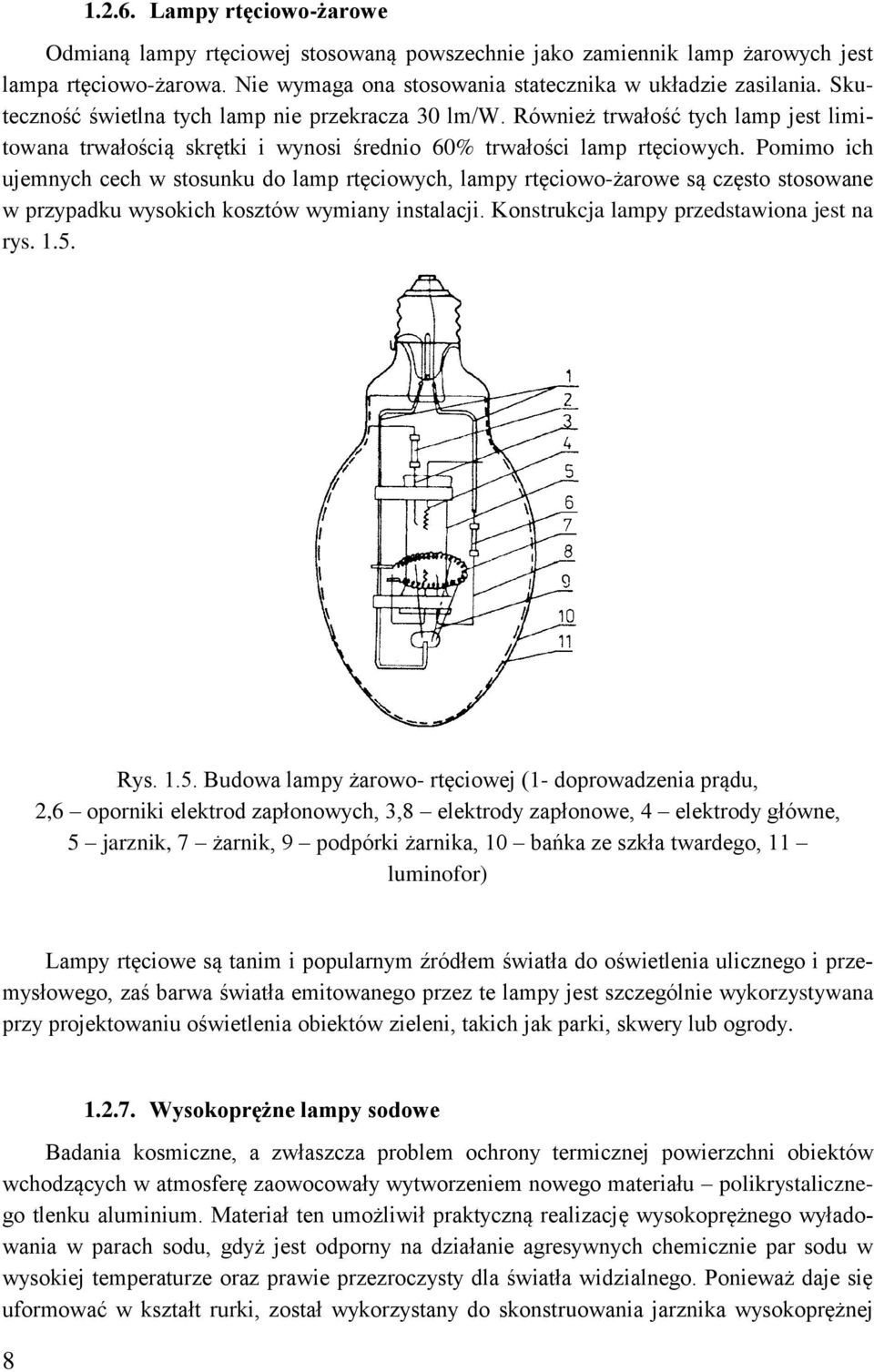 Pomimo ich ujemnych cech w stosunku do lamp rtęciowych, lampy rtęciowo-żarowe są często stosowane w przypadku wysokich kosztów wymiany instalacji. Konstrukcja lampy przedstawiona jest na rys. 1.5.