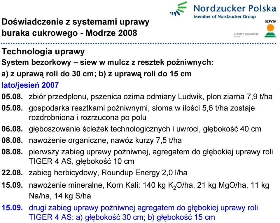 08. pierwszy zabieg uprawy pożniwnej, agregatem do głębokiej uprawy roli TIGER 4 AS, głębokość 10 cm 22.08. zabieg herbicydowy, Roundup Energy 2,0 l/ha 15.09.