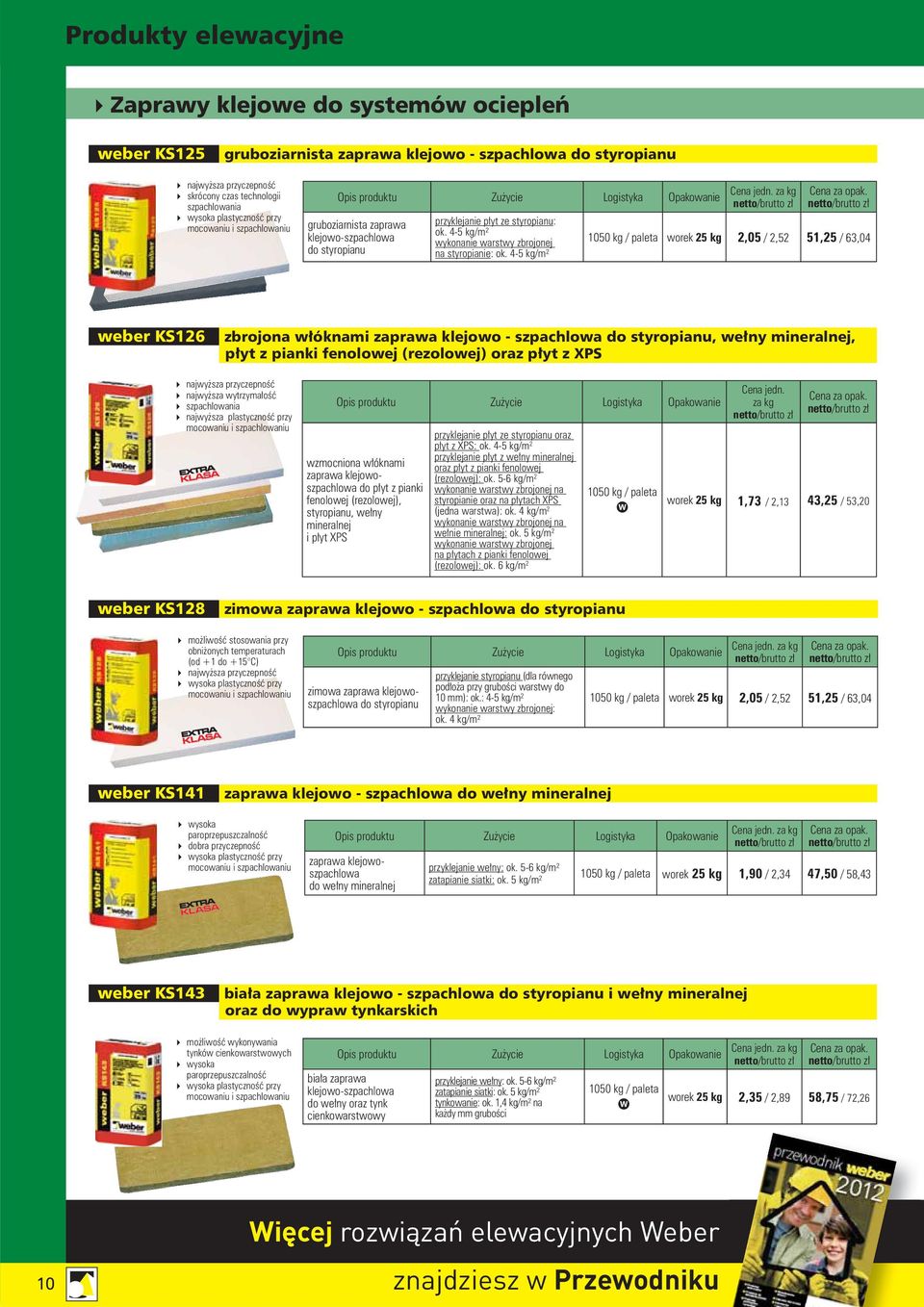 4-5 kg/m² 1050 kg / paleta worek 25 kg 2,05 / 2,52 51,25 / 63,04 weber KS126 zbrojona włóknami zaprawa klejowo - szpachlowa do styropianu, wełny mineralnej, płyt z pianki fenolowej (rezolowej) oraz