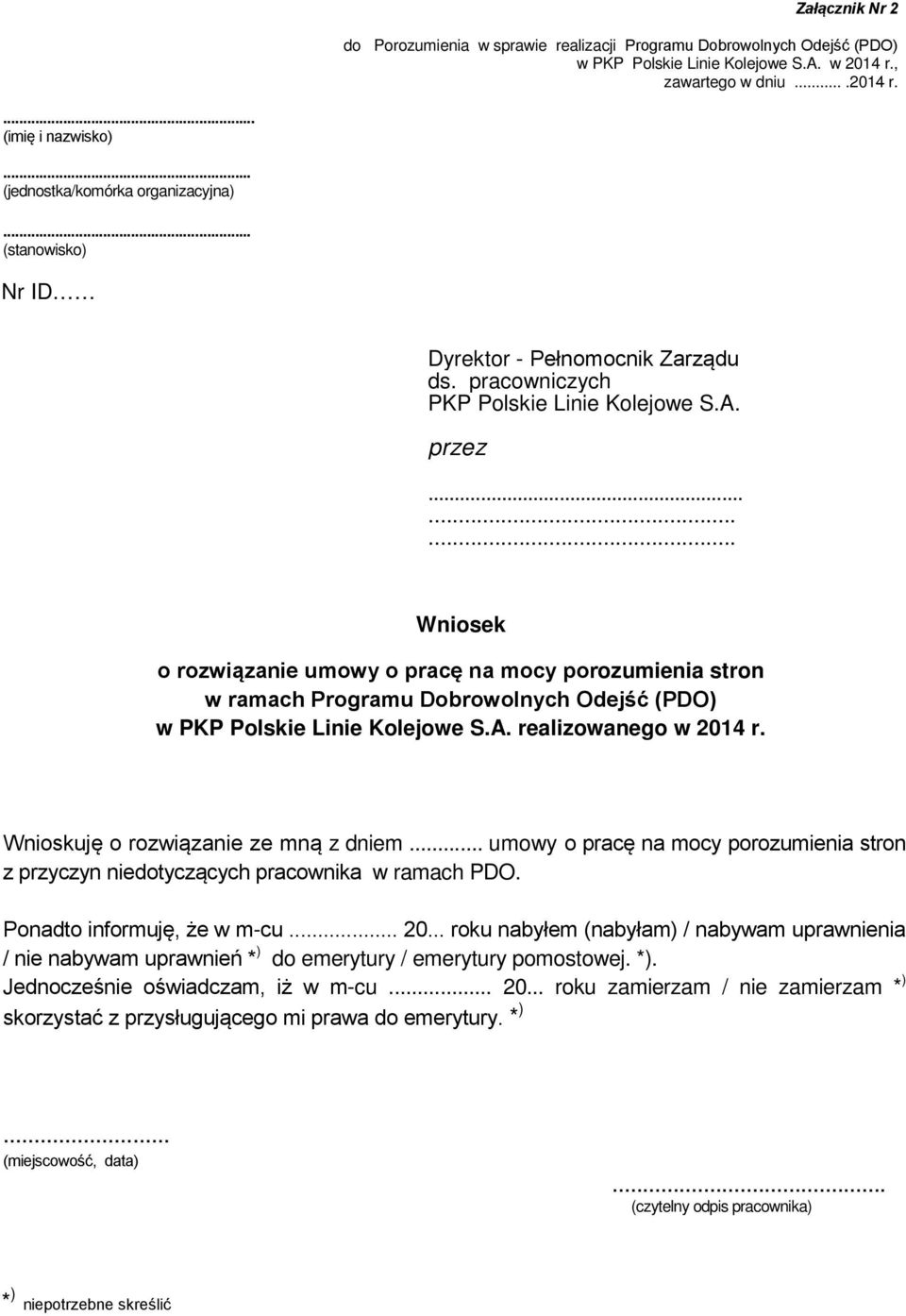 ........ Wniosek o rozwiązanie umowy o pracę na mocy porozumienia stron w ramach Programu Dobrowolnych Odejść (PDO) w PKP Polskie Linie Kolejowe S.A. realizowanego w 2014 r.