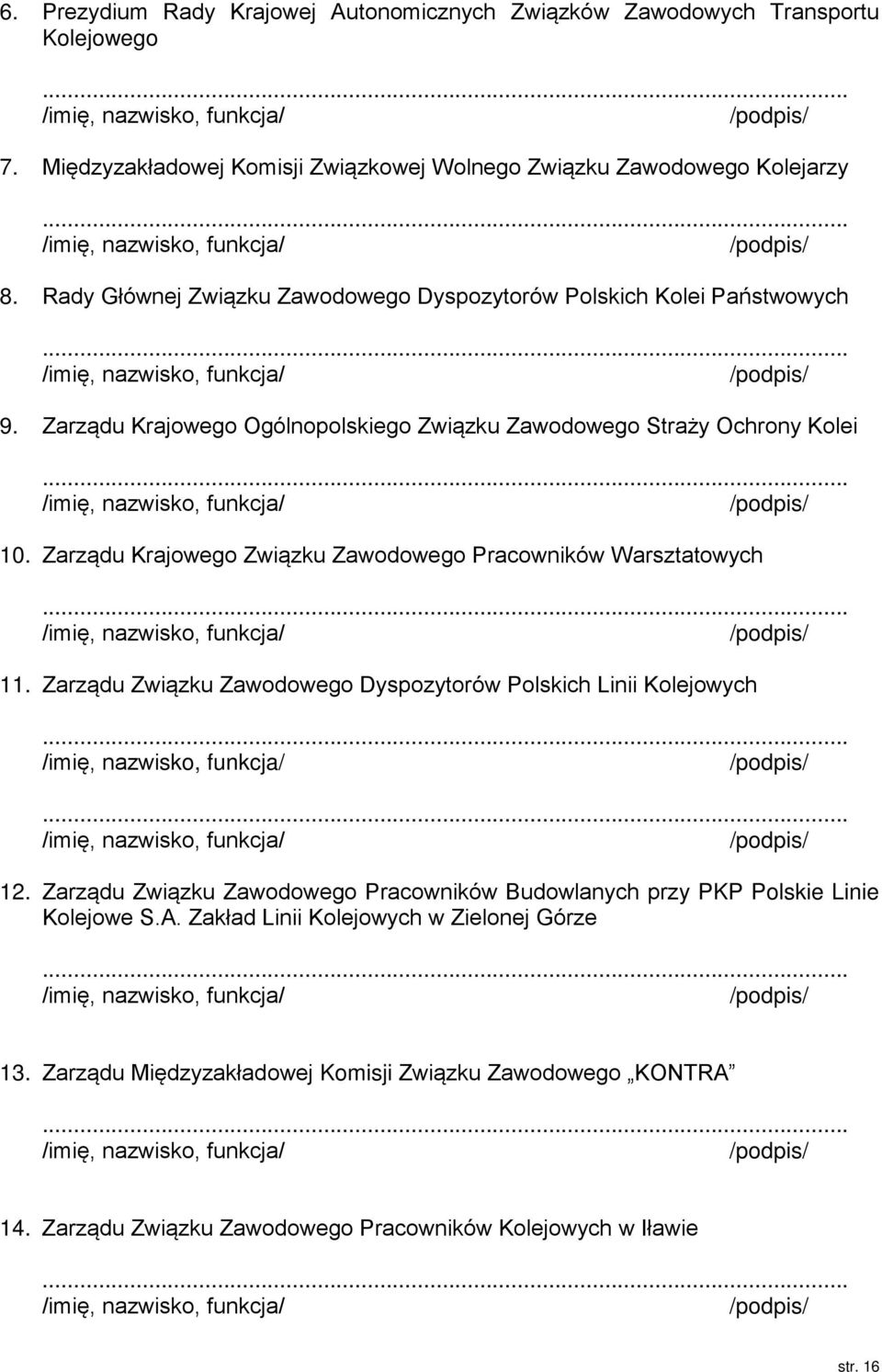 Zarządu Krajowego Związku Zawodowego Pracowników Warsztatowych 11. Zarządu Związku Zawodowego Dyspozytorów Polskich Linii Kolejowych 12.