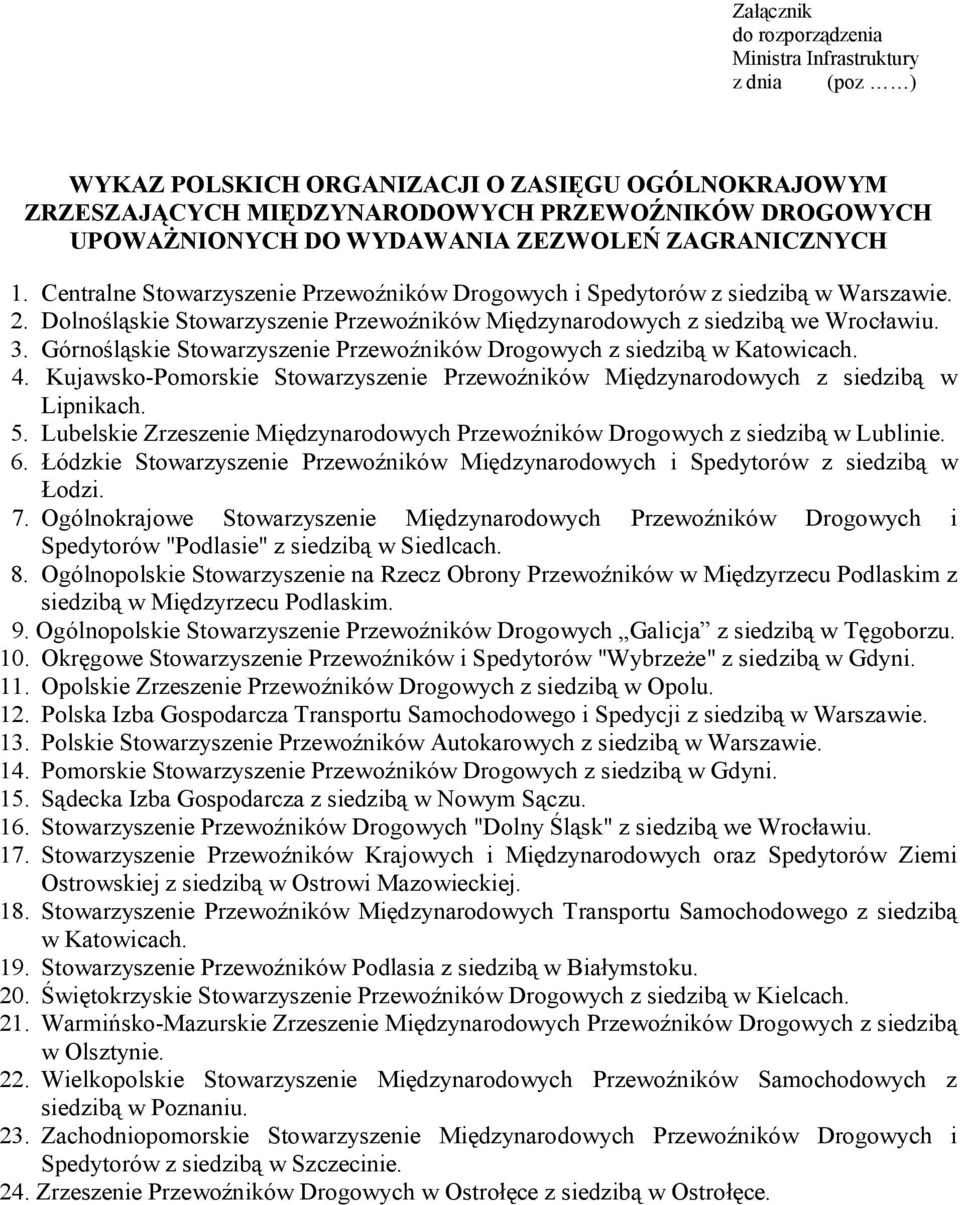 Górnośląskie Stowarzyszenie Przewoźników Drogowych z siedzibą w Katowicach. 4. Kujawsko-Pomorskie Stowarzyszenie Przewoźników Międzynarodowych z siedzibą w Lipnikach. 5.
