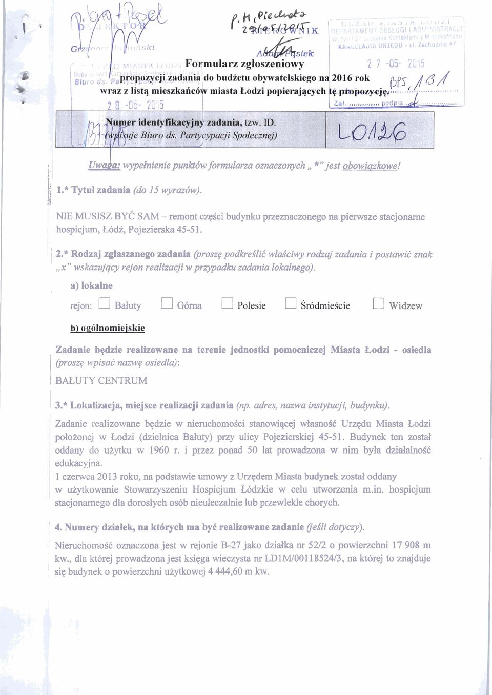 wasciwy robaj zadania i postwik znak,, x " wskazujqcy rejon realizacji w przypadku zadania lokalnego).