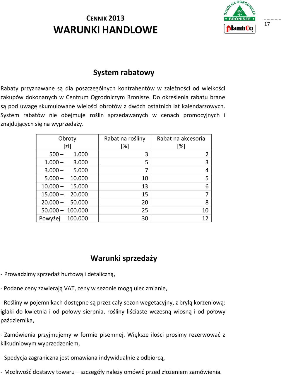 System rabatów nie obejmuje roślin sprzedawanych w ch promocyjnych i znajdujących się na wyprzedaży. Obroty Rabat na rośliny [%] Rabat na akcesoria [%] 0.500 1.000 3 2 1.000 3.000 5 3 3.000 5.000 7 4 5.