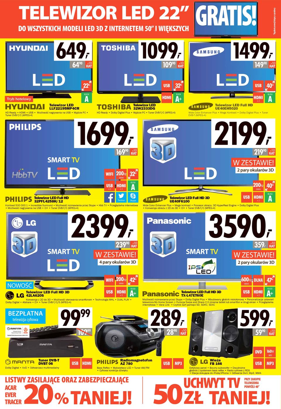 nagrywania na Wyjście PC Tuner DVB-T/C (MPEG-4) Telewizor LED Full HD 32PFL4258H/12 22" 32" Telewizor LED 32W2333DG HD Ready Dolby Digital Plus Wyjście PC Tuner DVB-T/C (MPEG-4) Kontrast 500 000:1