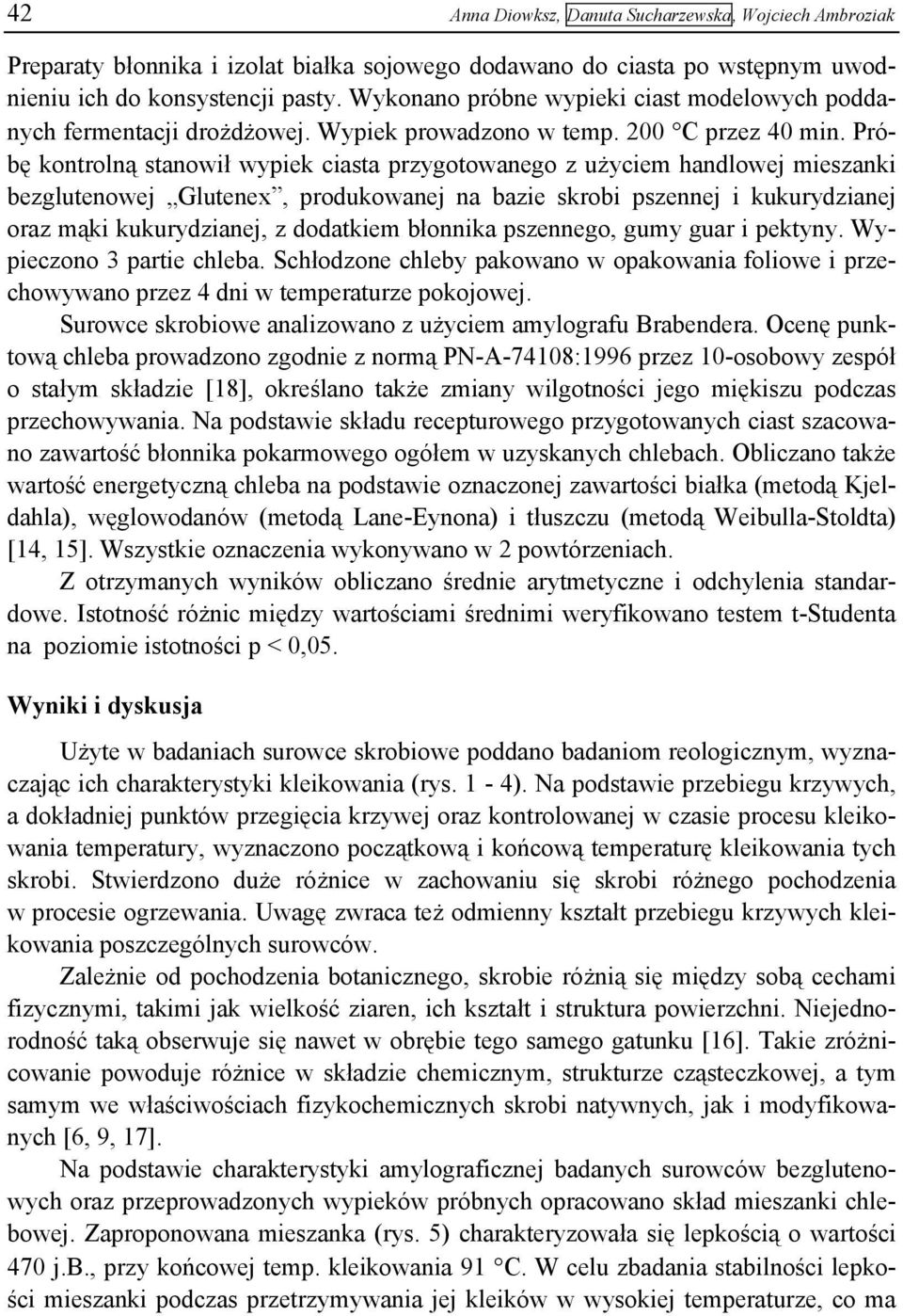 Próbę kontrolną stanowił wypiek ciasta przygotowanego z użyciem handlowej mieszanki bezglutenowej Glutenex, produkowanej na bazie skrobi pszennej i kukurydzianej oraz mąki kukurydzianej, z dodatkiem