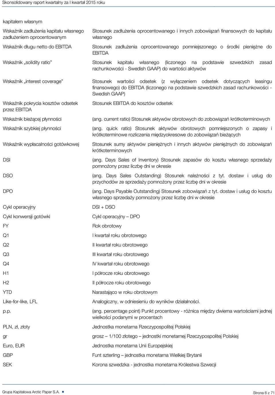 Swedish GAAP) do wartości aktywów Wskaźnik interest coverage Wskaźnik pokrycia kosztów odsetek przez EBITDA Wskaźnik bieżącej płynności Wskaźnik szybkiej płynności Wskaźnik wypłacalności gotówkowej