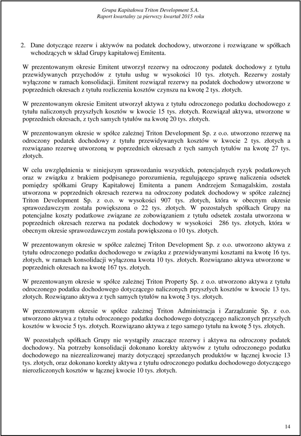 Rezerwy zostały wyłączone w ramach konsolidacji. Emitent rozwiązał rezerwy na podatek dochodowy utworzone w poprzednich okresach z tytułu rozliczenia kosztów czynszu na kwotę 2 tys. złotych.