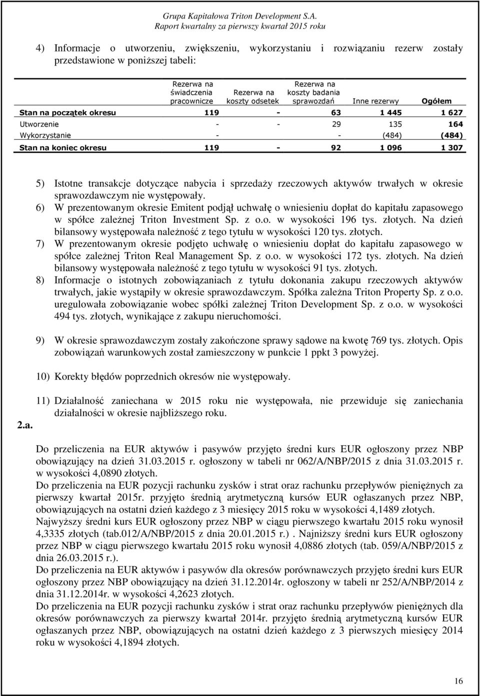6) W prezentowanym okresie Emitent podjął uchwałę o wniesieniu dopłat do kapitału zapasowego w spółce zależnej Triton Investment Sp. z o.o. w wysokości 196 tys. złotych.