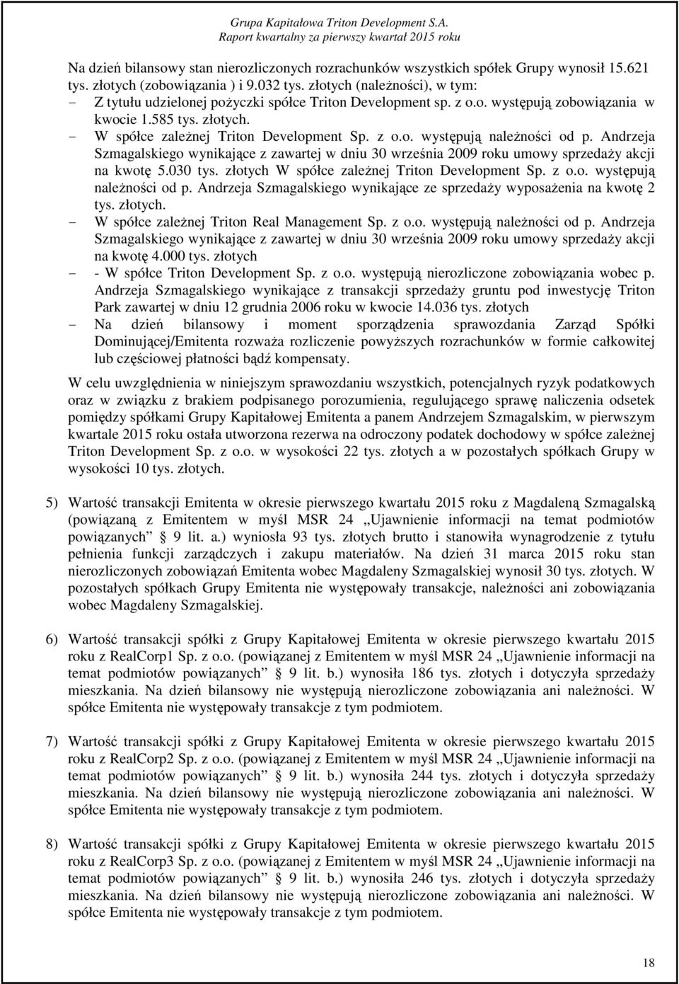 Andrzeja Szmagalskiego wynikające z zawartej w dniu 30 września 2009 roku umowy sprzedaży akcji na kwotę 5.030 tys. złotych W spółce zależnej Triton Development Sp. z o.o. występują należności od p.