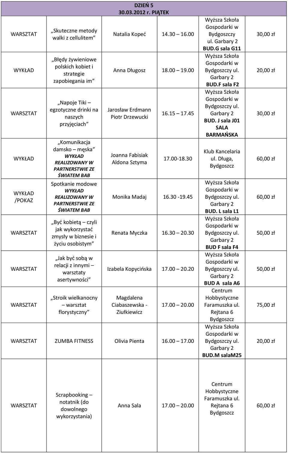 00 19.00 Jarosław Erdmann Piotr Drzewucki Joanna Fabisiak Aldona Sztyma 16.15 17.45 17.00-18.30 Monika Madaj 16.30-19.45 Izabela Kopycińska 17.00 20.