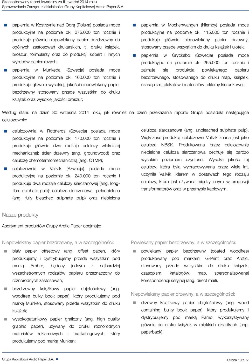 druku książek, broszur, formularzy oraz do produkcji kopert i innych wyrobów papierniczych; papiernia w Munkedal (Szwecja) posiada moce produkcyjne na poziomie ok. 160.