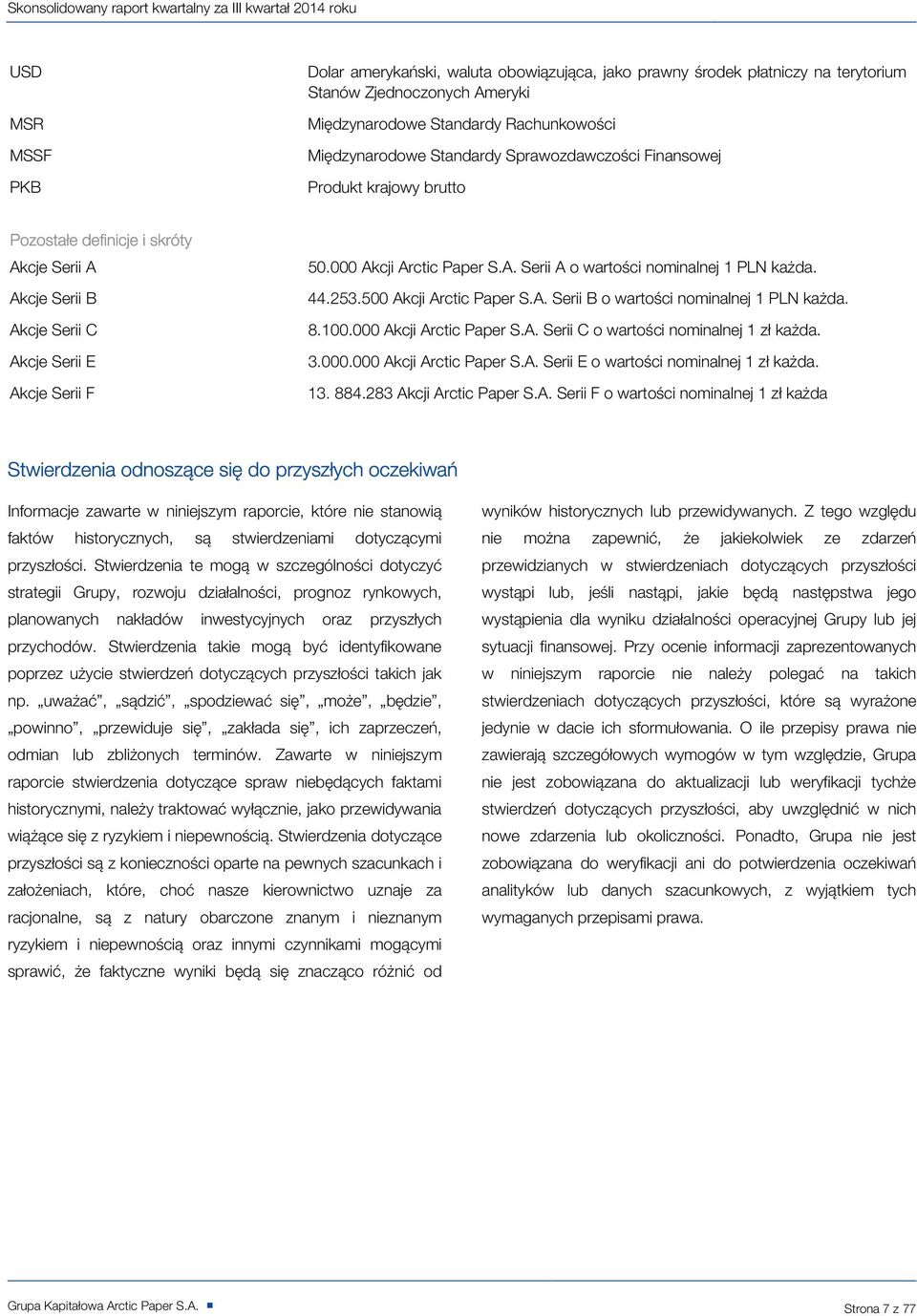 44.253.500 Akcji Arctic Paper S.A. Serii B o wartości nominalnej 1 PLN każda. 8.100.000 Akcji Arctic Paper S.A. Serii C o wartości nominalnej 1 zł każda. 3.000.000 Akcji Arctic Paper S.A. Serii E o wartości nominalnej 1 zł każda.