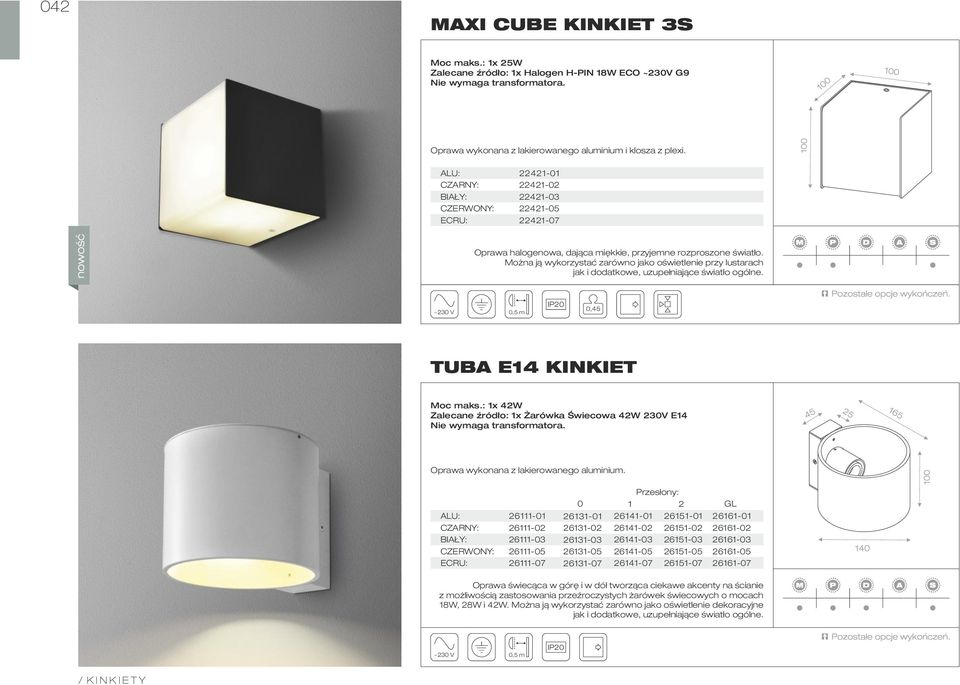 Można ją wykorzystać zarówno jako oświetlenie przy lustarach jak i dodatkowe, uzupełniające światło ogólne. 0,45 TUBA E14 KINKIET Moc maks.