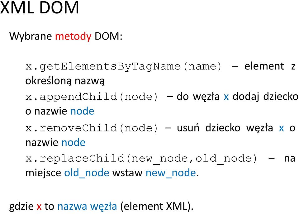 appendchild(node) do węzła x dodaj dziecko o nazwie node x.