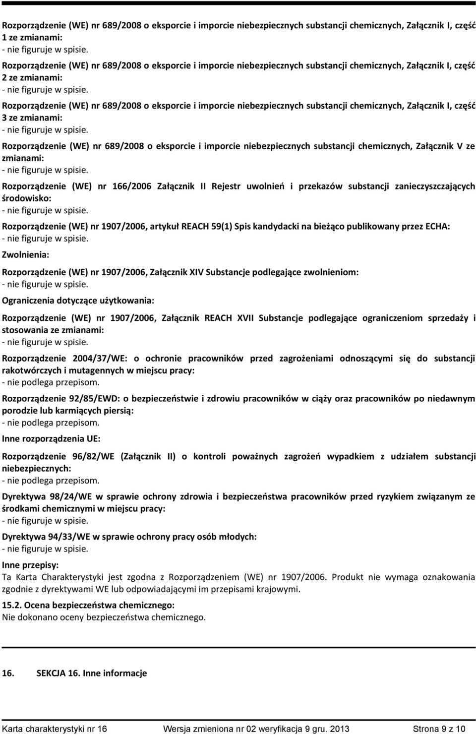 Rozporządzenie (WE) nr 689/2008 o eksporcie i imporcie niebezpiecznych substancji chemicznych, Załącznik V ze zmianami: Rozporządzenie (WE) nr 166/2006 Załącznik II Rejestr uwolnień i przekazów
