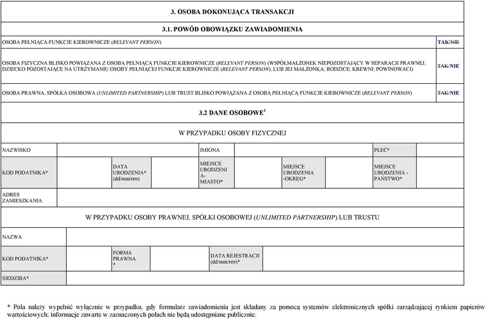 NIEPOZOSTAJĄCY W SEPARACJI PRAWNEJ; DZIECKO POZOSTAJĄCE NA UTRZYMANIU OSOBY PEŁNIĄCEJ FUNKCJE KIEROWNICZE (RELEVANT PERSON), LUB JEJ MAŁŻONKA; RODZICE; KREWNI; POWINOWACI) TAK/NIE OSOBA PRAWNA,