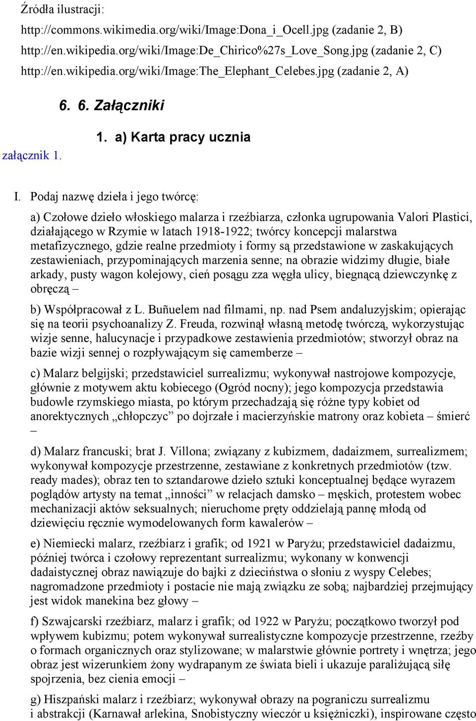 Podaj nazwę dzieła i jego twórcę: a) Czołowe dzieło włoskiego malarza i rzeźbiarza, członka ugrupowania Valori Plastici, działającego w Rzymie w latach 1918-1922; twórcy koncepcji malarstwa