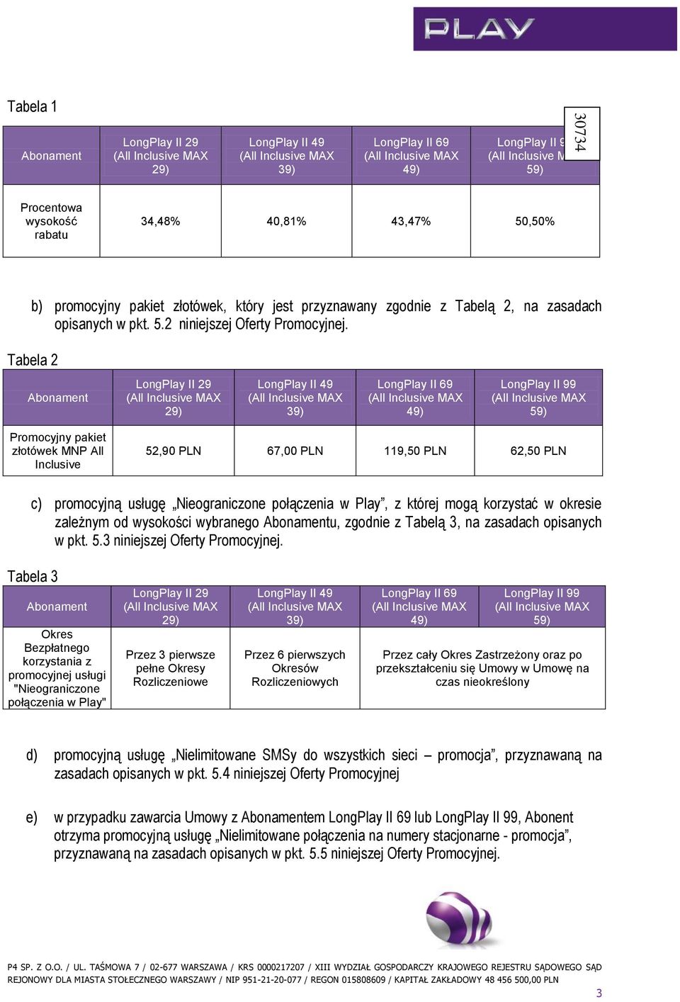 Tabela 2 Abonament LongPlay II 29 29) LongPlay II 49 39) LongPlay II 69 49) LongPlay II 99 59) Promocyjny pakiet złotówek MNP All Inclusive 52,90 PLN 67,00 PLN 119,50 PLN 62,50 PLN c) promocyjną