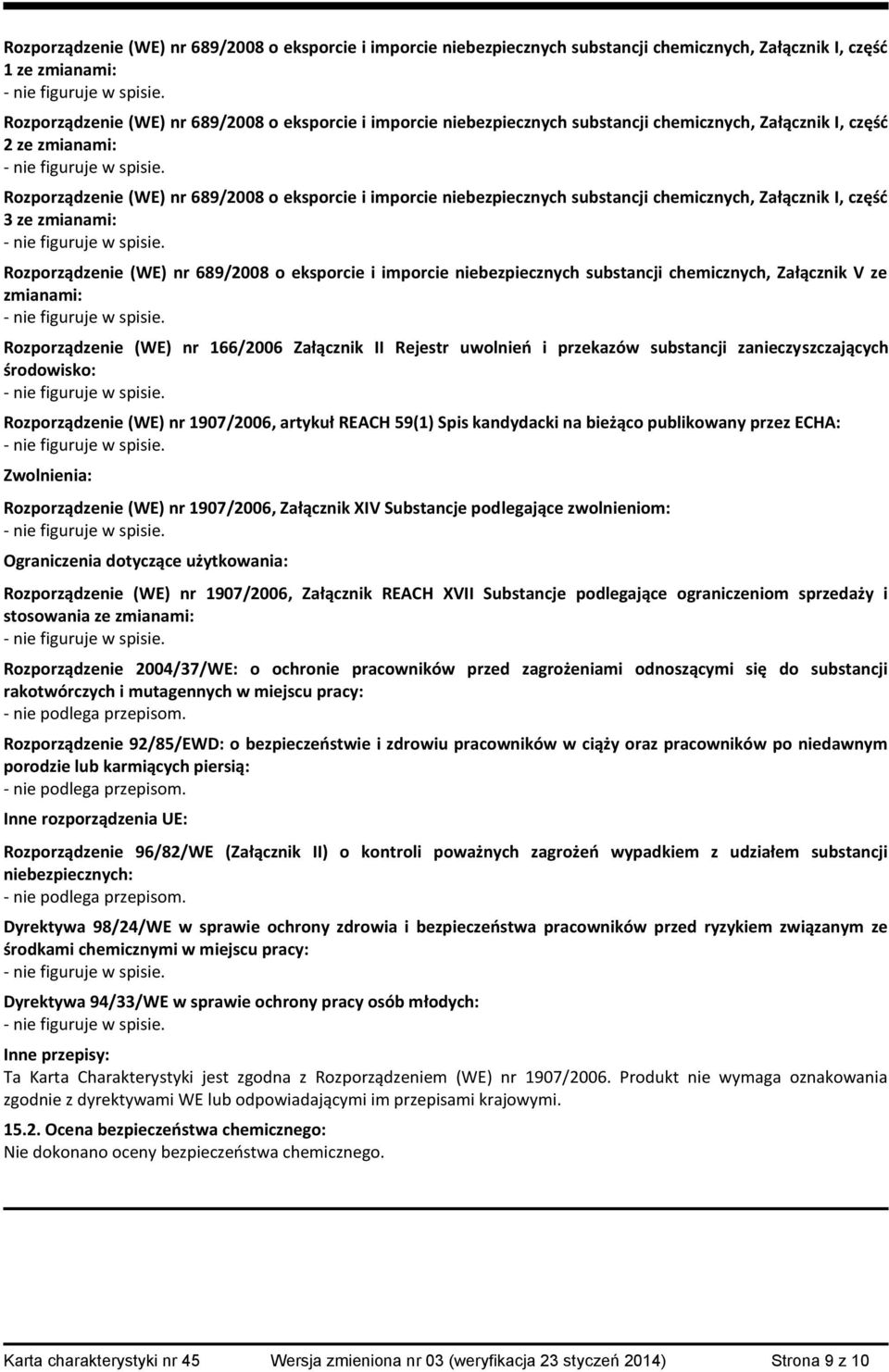 Rozporządzenie (WE) nr 689/2008 o eksporcie i imporcie niebezpiecznych substancji chemicznych, Załącznik V ze zmianami: Rozporządzenie (WE) nr 166/2006 Załącznik II Rejestr uwolnień i przekazów