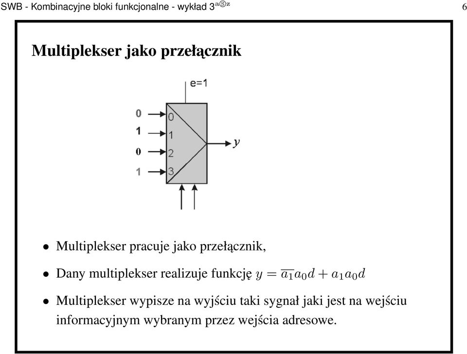 realizuje funkcjęy=a 1 a 0 d+a 1 a 0 d Multiplekser wypisze na wyjściu