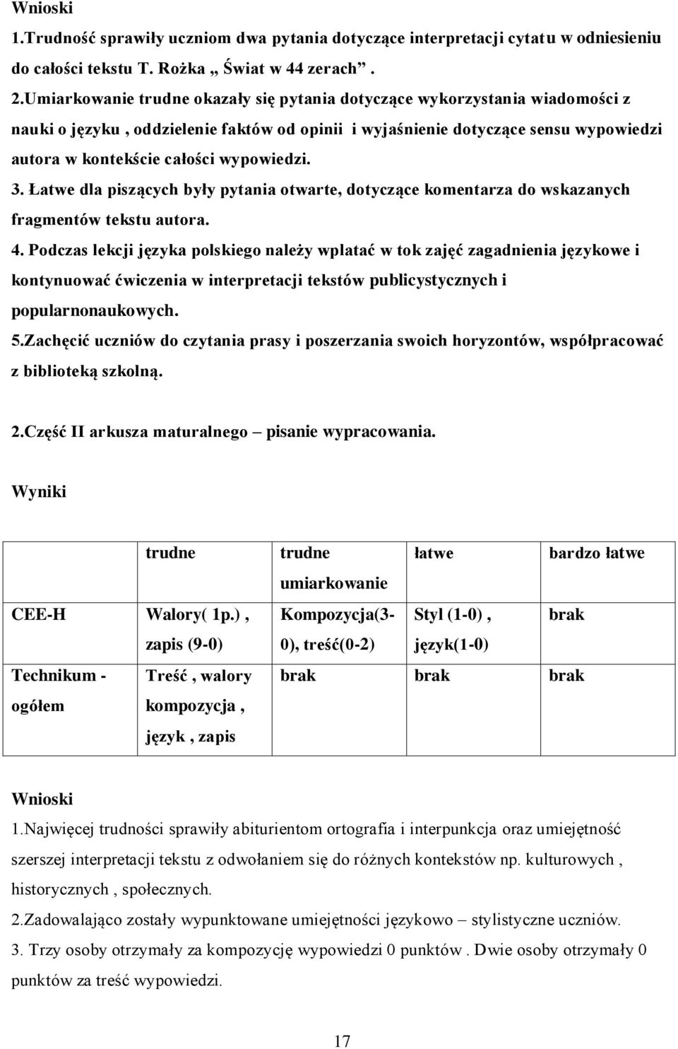 wypowiedzi. 3. Łatwe dla piszących były pytania otwarte, dotyczące komentarza do wskazanych fragmentów tekstu autora. 4.