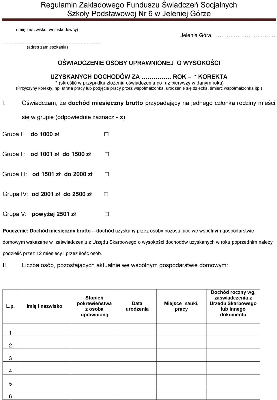 utrata pracy lub podjęcie pracy przez współmałżonka, urodzenie się dziecka, śmierć współmałżonka itp.) I.