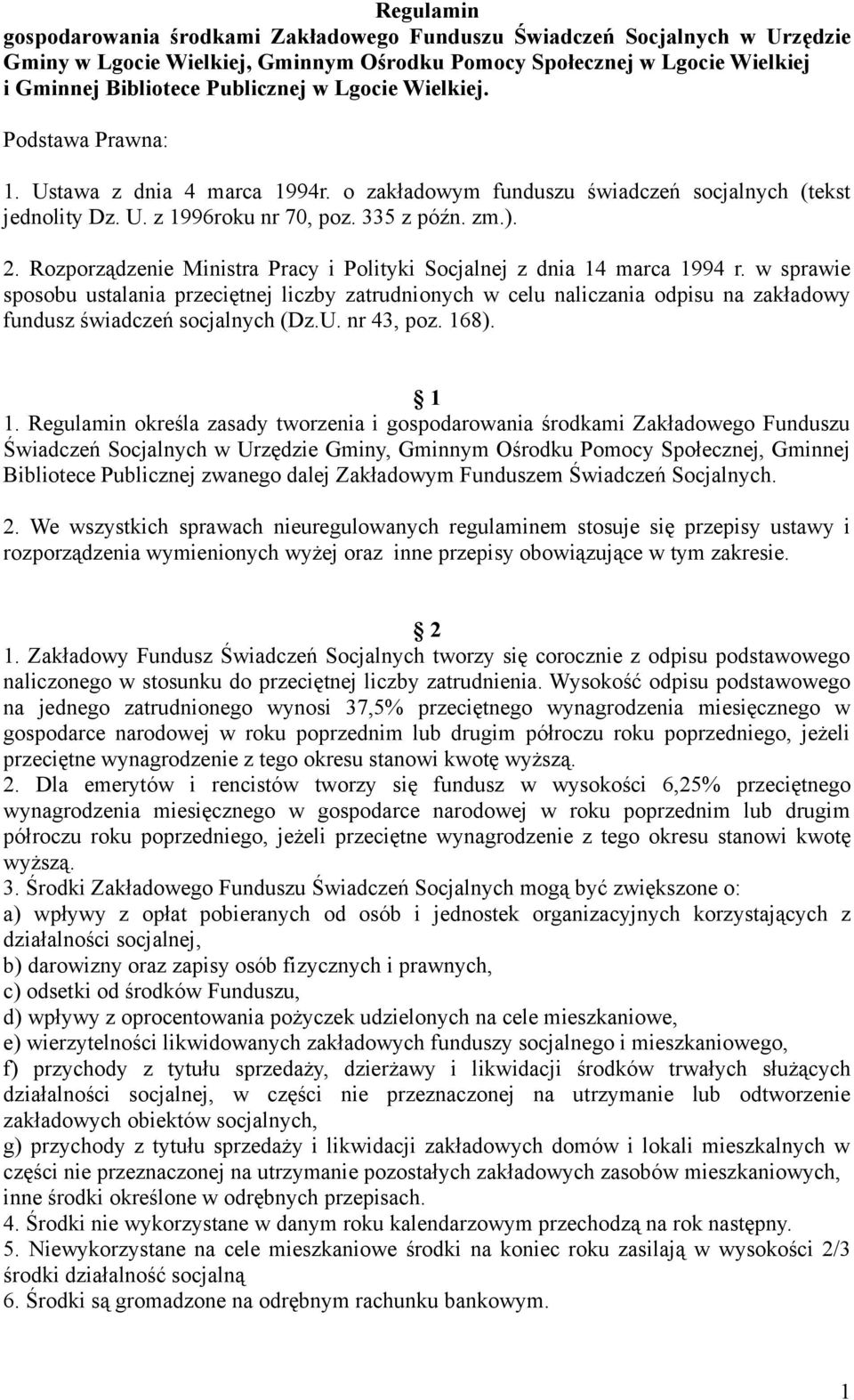Rozporządzenie Ministra Pracy i Polityki Socjalnej z dnia 14 marca 1994 r.