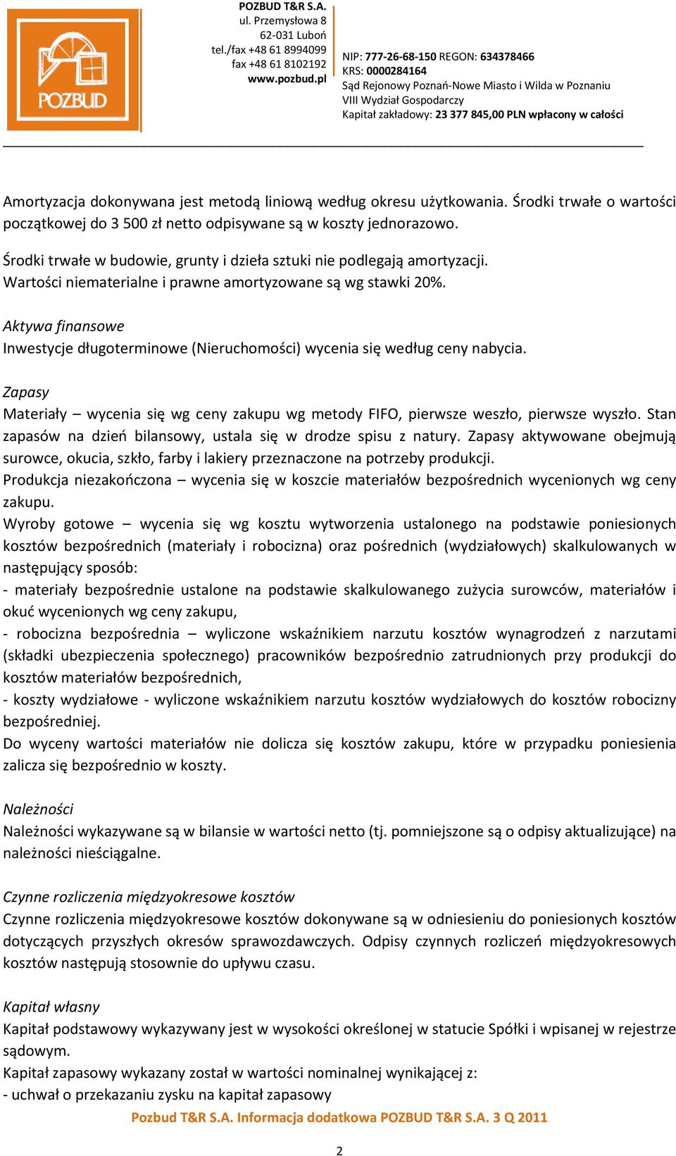 Aktywa finansowe Inwestycje długoterminowe (Nieruchomości) wycenia się według ceny nabycia. Zapasy Materiały wycenia się wg ceny zakupu wg metody FIFO, pierwsze weszło, pierwsze wyszło.