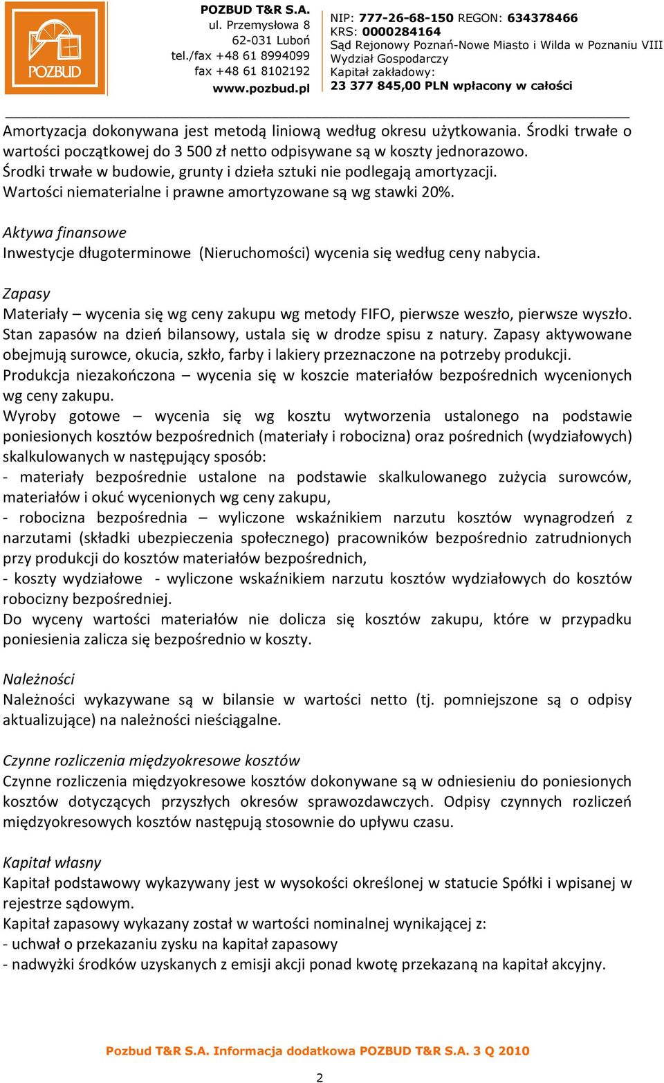 Aktywa finansowe Inwestycje długoterminowe (Nieruchomości) wycenia się według ceny nabycia. Zapasy Materiały wycenia się wg ceny zakupu wg metody FIFO, pierwsze weszło, pierwsze wyszło.