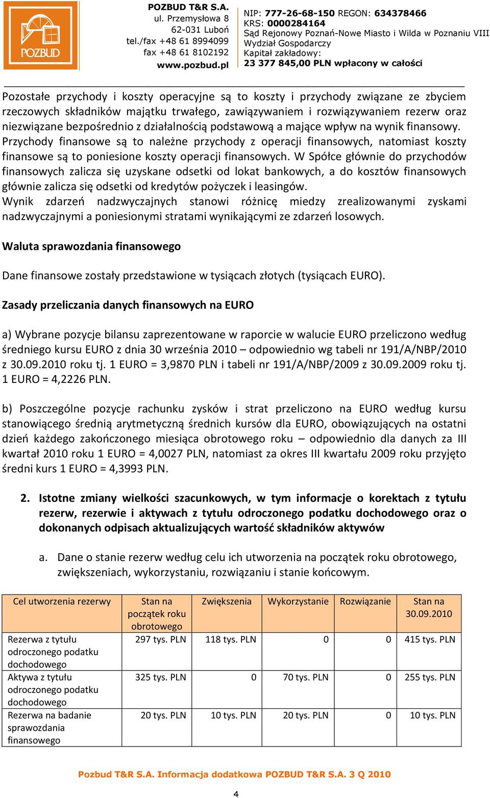 W Spółce głównie do przychodów finansowych zalicza się uzyskane odsetki od lokat bankowych, a do kosztów finansowych głównie zalicza się odsetki od kredytów pożyczek i leasingów.