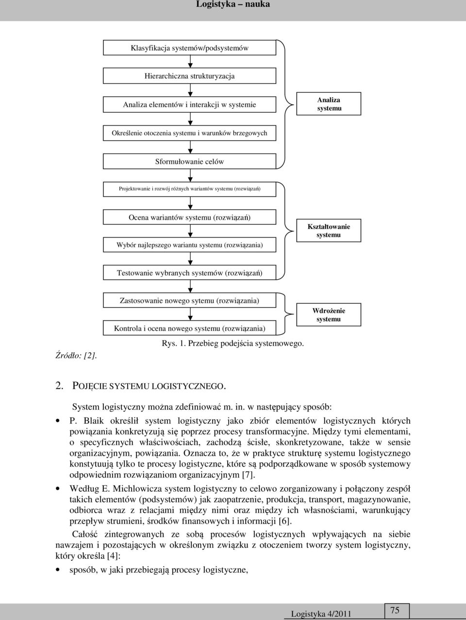 (rozwiązań) Zastosowanie nowego sytemu (rozwiązania) Kontrola i ocena nowego systemu (rozwiązania) Wdrożenie systemu Źródło: [2]. Rys. 1. Przebieg podejścia systemowego. 2.