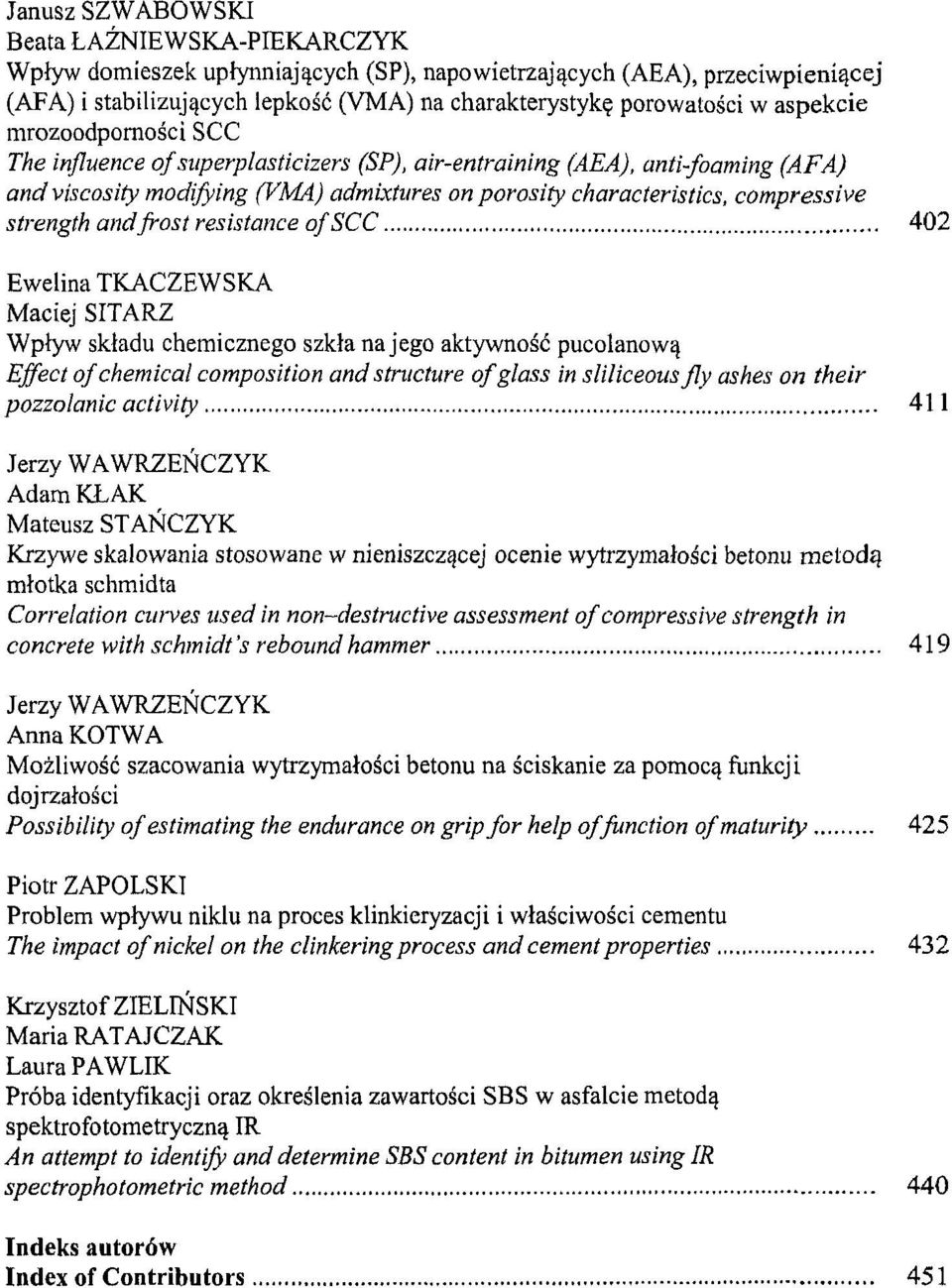 strength andfrost resistance of SCC 402 Ewelina TKACZEWSKA Maciej SITARZ Wplyw skladu chemicznego szkla na jego aktywnosc pucolanowa Effect of chemical composition and stnicture of glass in